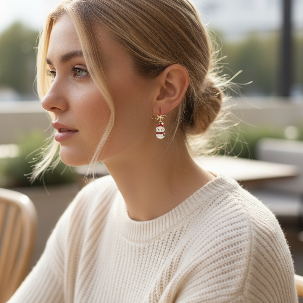 Snowman Bow Earrings – Cute Holiday Earrings, Christmas Jewelry, Festive Gift