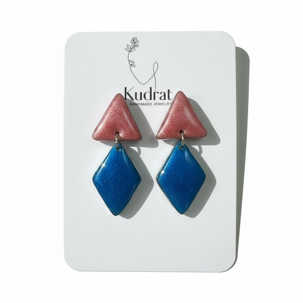 Modern Pink Blue Triangle Earrings - Handmade Polymer Clay