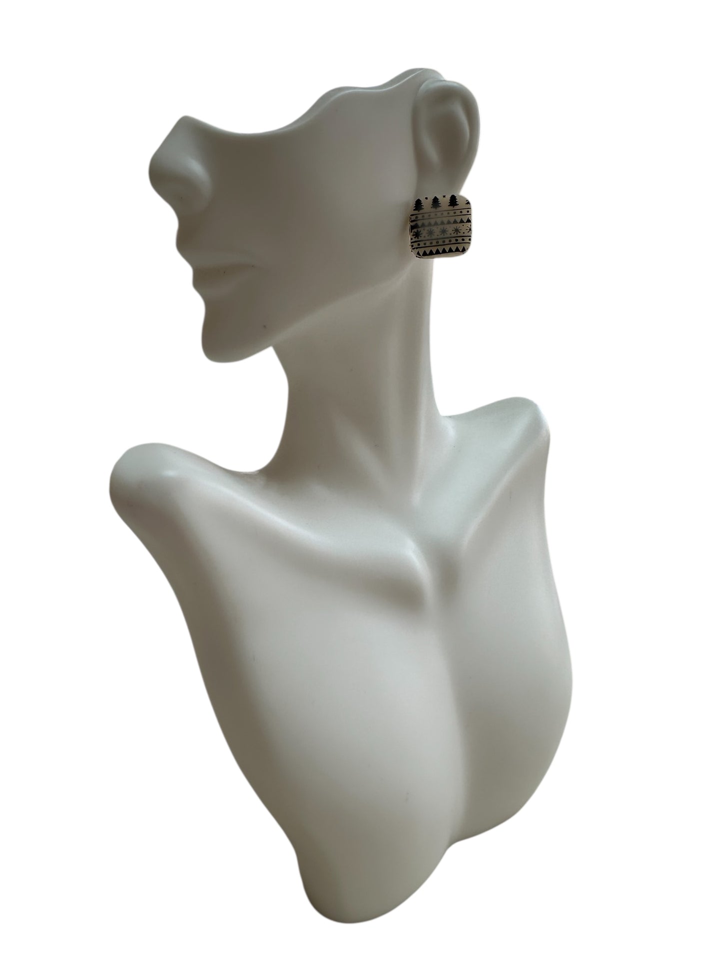 Winter Snowflake Square Stud Earrings – Cream Holiday Studs, Christmas Tree Earrings, Handmade Winter Jewelry, Festive Gift for Her