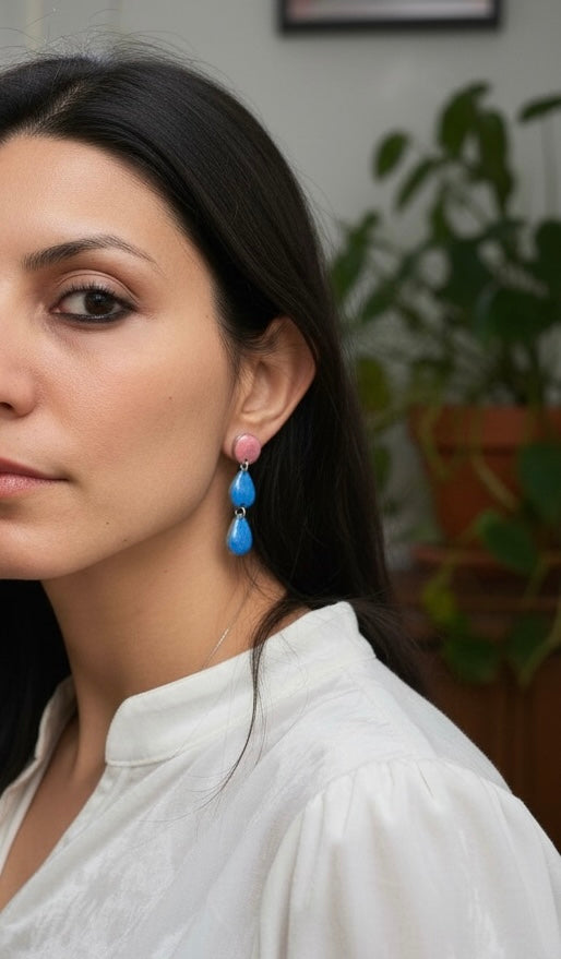 Blush Pink and Deep Blue Drop Earrings | Lightweight Handmade Clay Jewelry