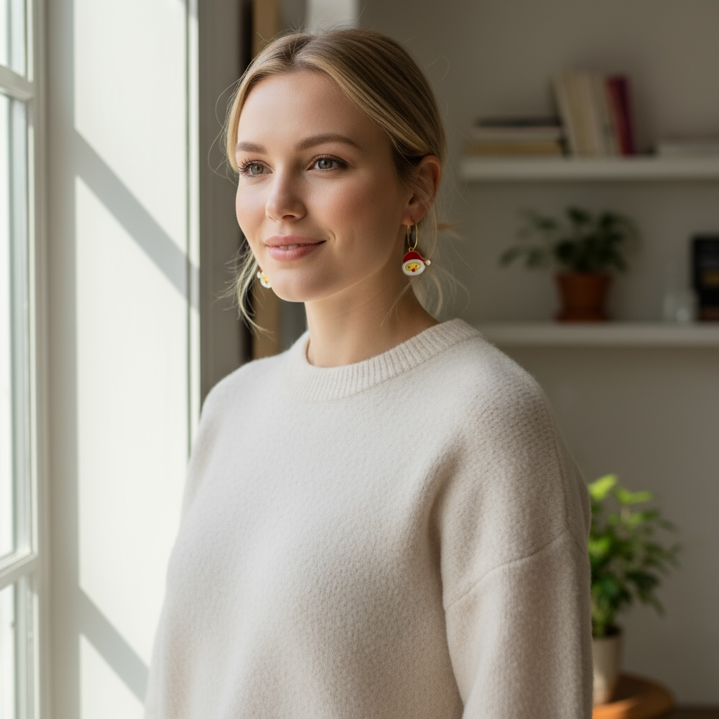 Festive Santa Face Earrings – Gold Hoop Christmas Dangles, Gift for Her