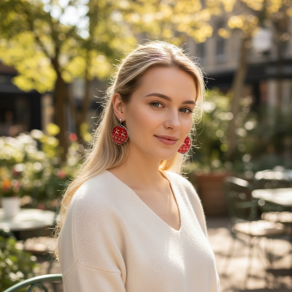 Christmas Reindeer Pattern Earrings – Large Red Dangles, Festive Winter Accessory