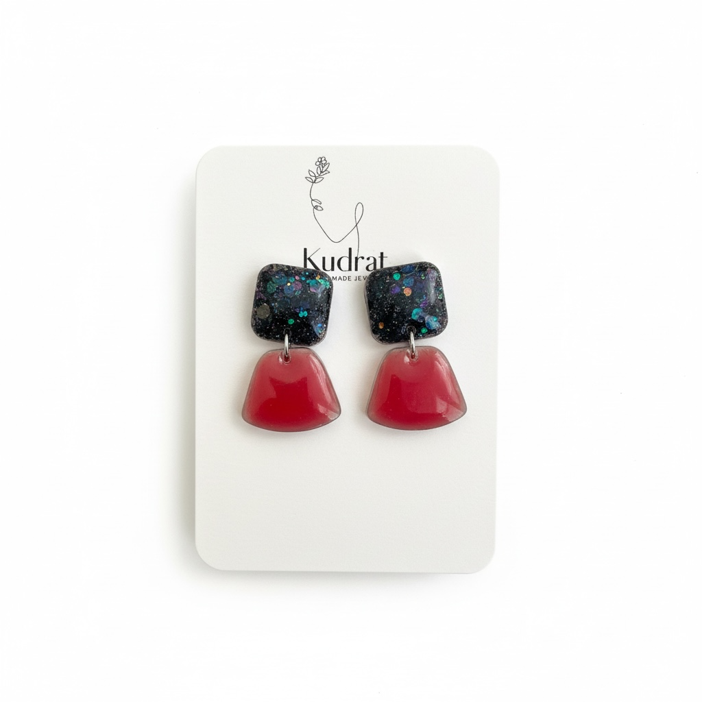 Galaxy Polymer Clay Earrings - Black Red Statement Dangle Earrings