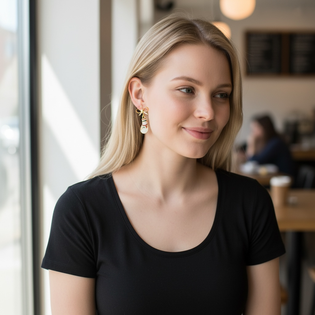 Christmas Snowman Earrings – Gold Bow Drop Earrings, Winter Accessory