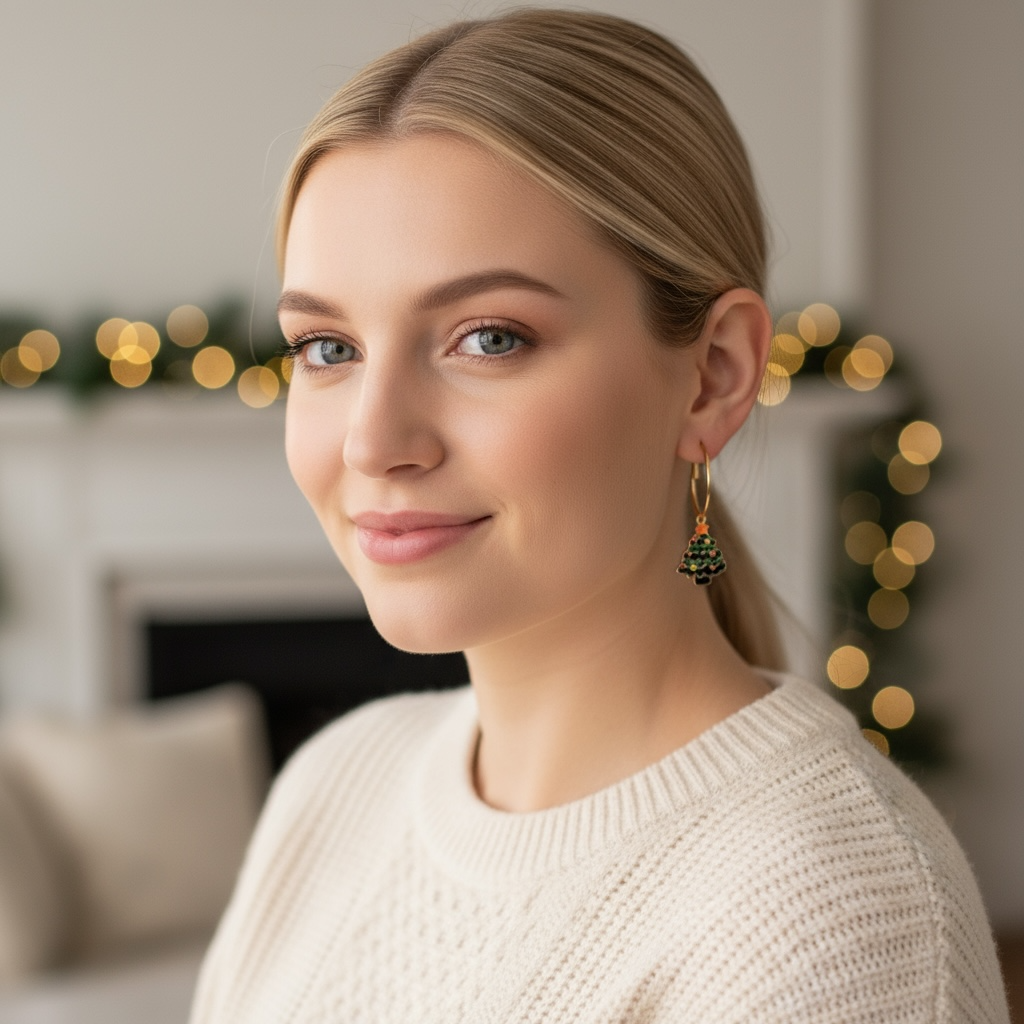 Holiday Tree Charm Earrings – Gold Hoop Christmas Earrings, Winter Accessory