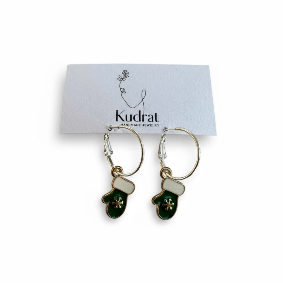 Green Mitten Hoop Earrings – Winter Jewelry, Holiday Earrings, Cute Festive Gift
