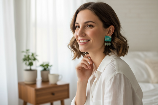 Green Marble Block Earrings with Crystal Cube Drops