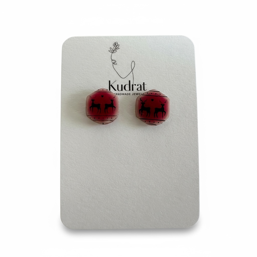 Red Winter Reindeer Studs – Handmade Holiday Earrings