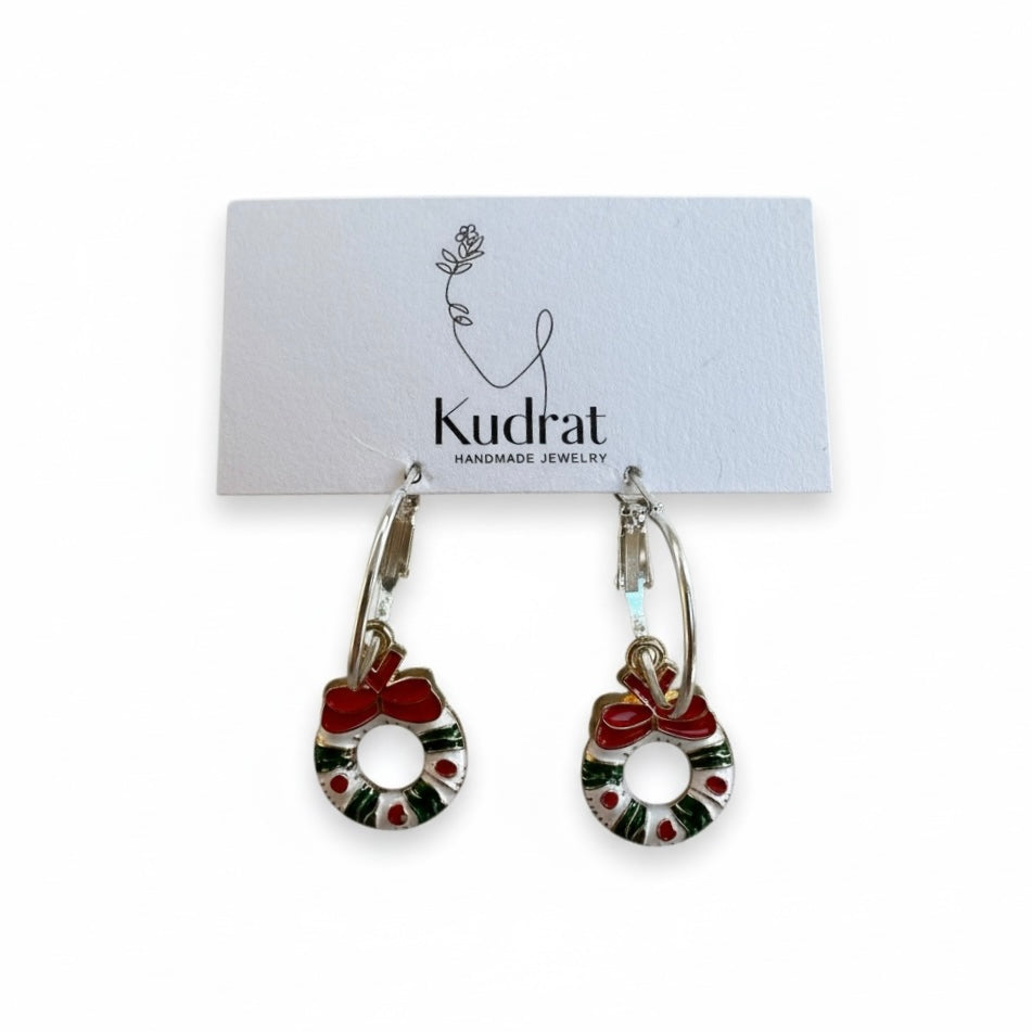 Holiday Wreath Earrings – Gold Hoop Christmas Jewelry, Cute Winter Accessory