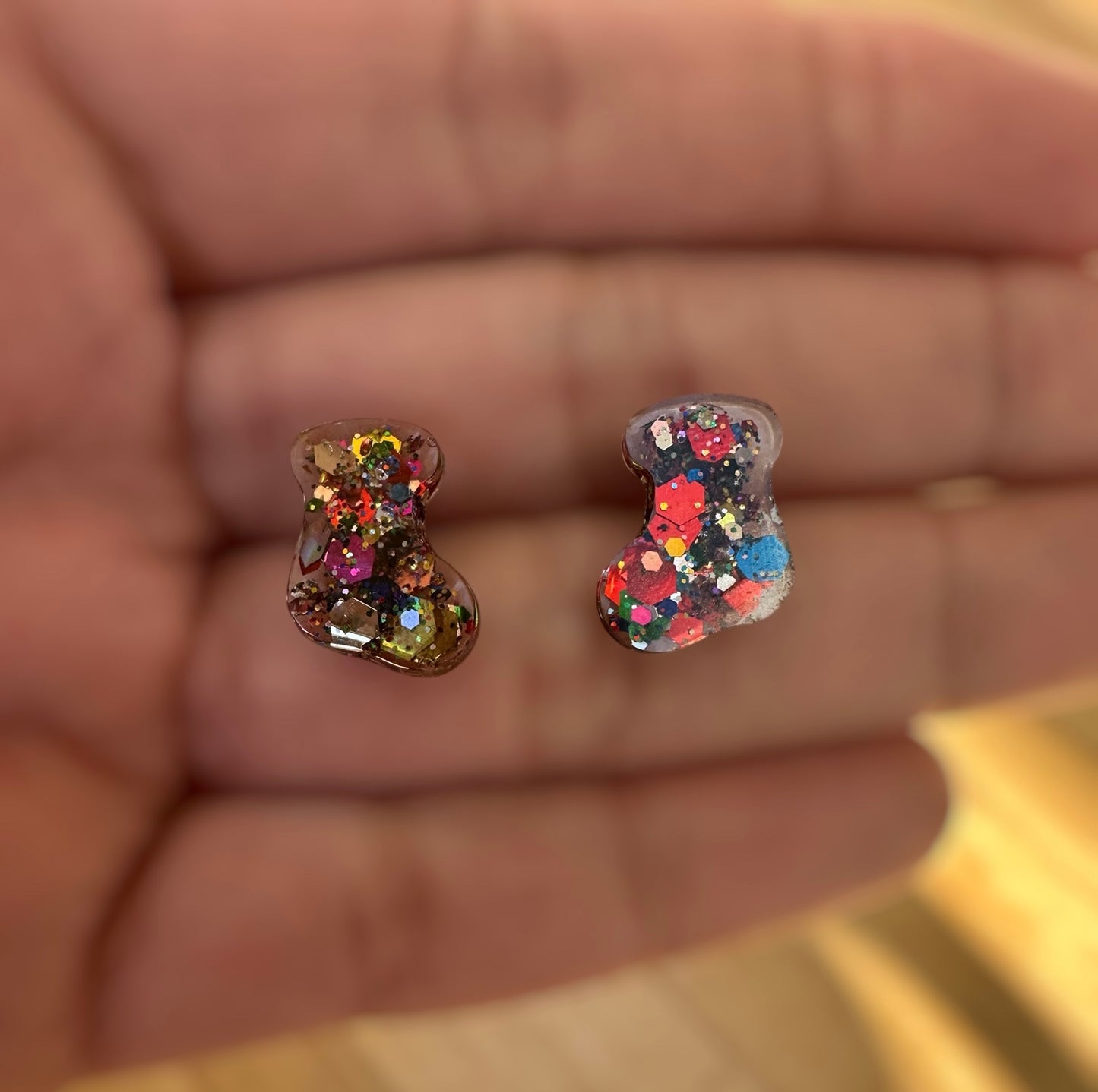 Festive Holiday Stud Set – Santa Hat, Stocking & Mitten Earrings | Handmade Resin Glitter Earrings