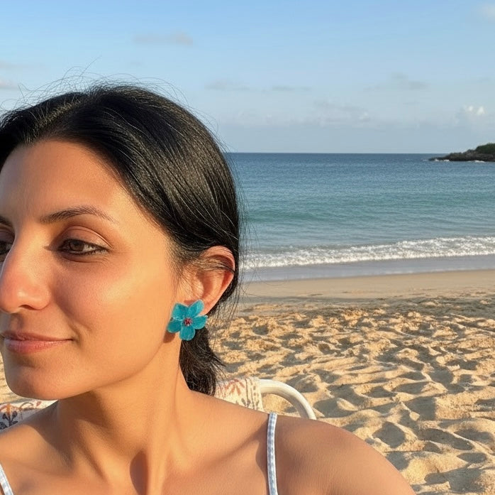 Petals of the Sea Earrings – Blue Floral Handmade Studs, Lightweight Polymer Clay Earrings, Coastal Jewelry, Unique Gift