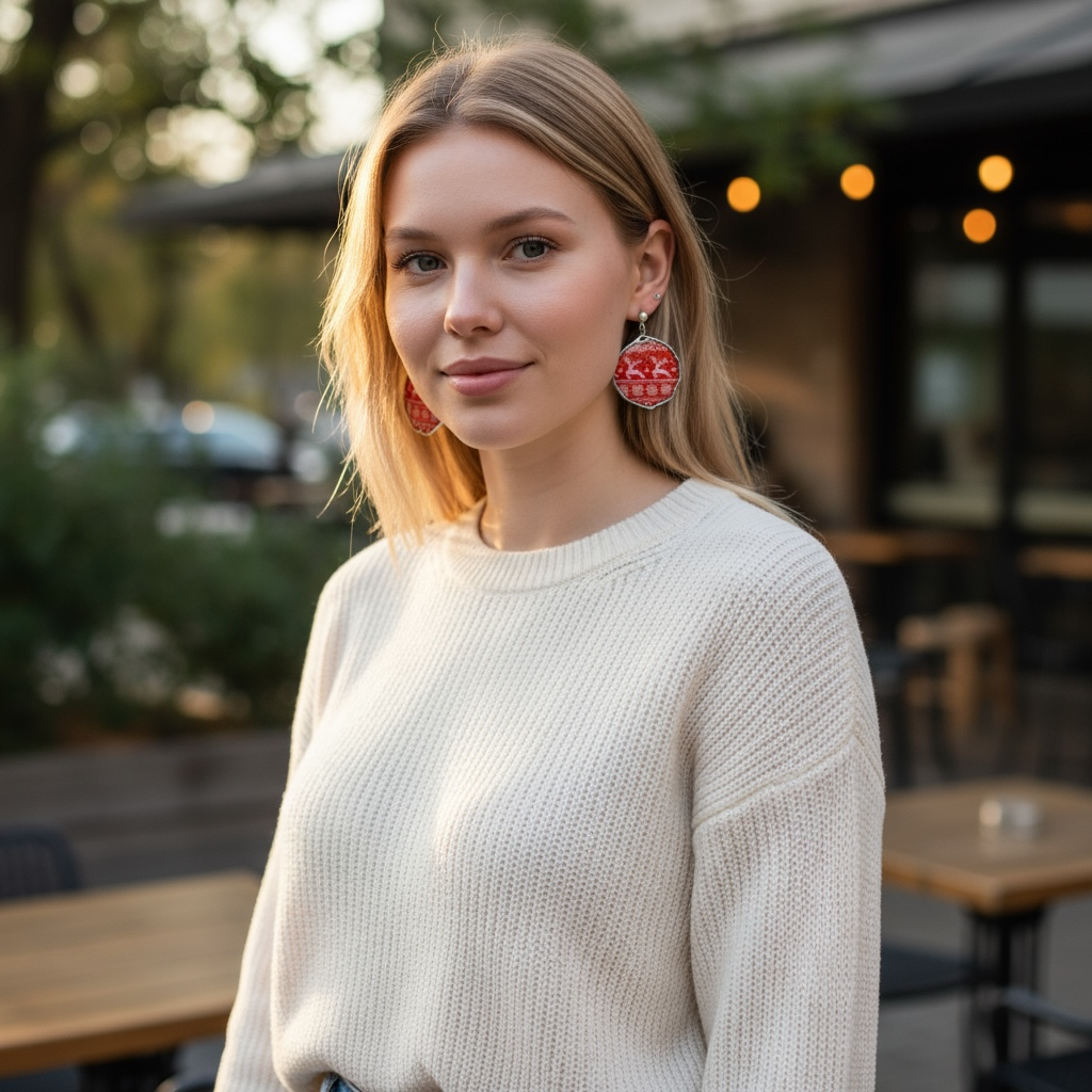 Christmas Reindeer Pattern Earrings – Large Red Dangles, Festive Winter Accessory