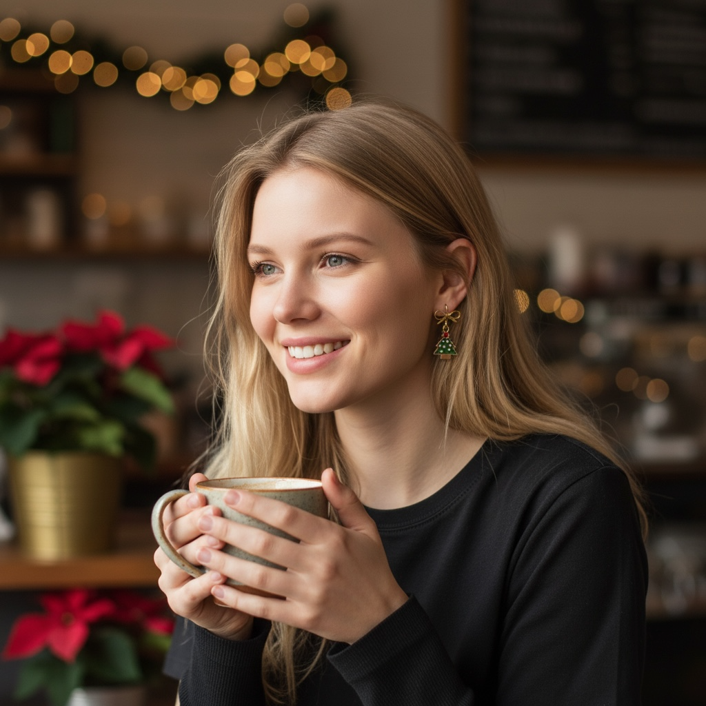 Holiday Tree Earrings – Gold Bow Dangles, Green Christmas Accessory