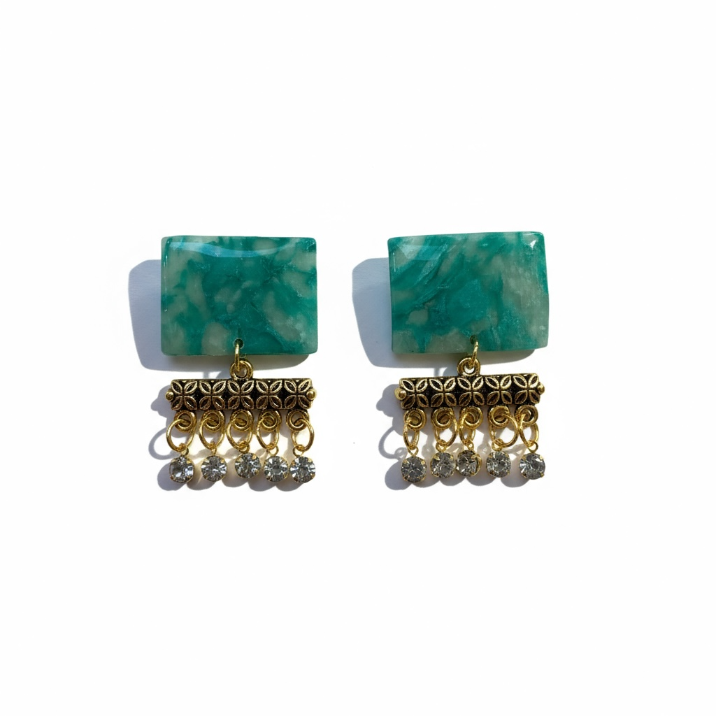 Green Marble & Gold Floral Drop Earrings