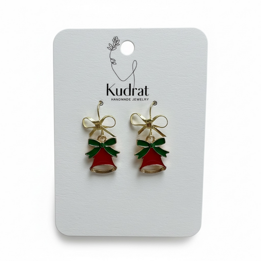 Christmas Bell Bow Earrings – Festive Holiday Dangles, Cute Christmas Jewelry