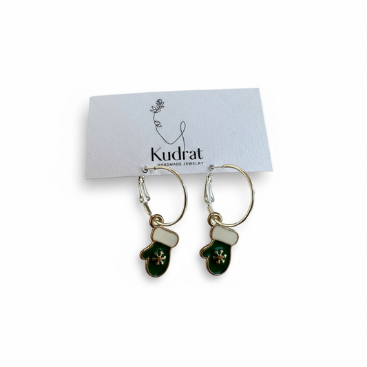 Green Mitten Hoop Earrings – Winter Jewelry, Holiday Earrings, Cute Festive Gift