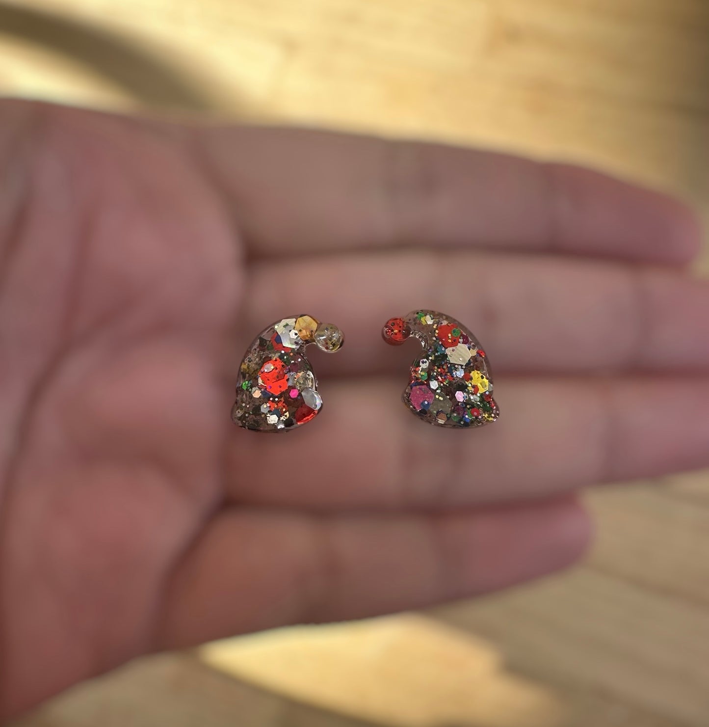 Festive Holiday Stud Set – Santa Hat, Stocking & Mitten Earrings | Handmade Resin Glitter Earrings