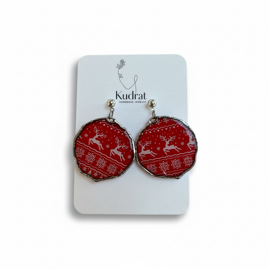 Christmas Reindeer Pattern Earrings – Large Red Dangles, Festive Winter Accessory
