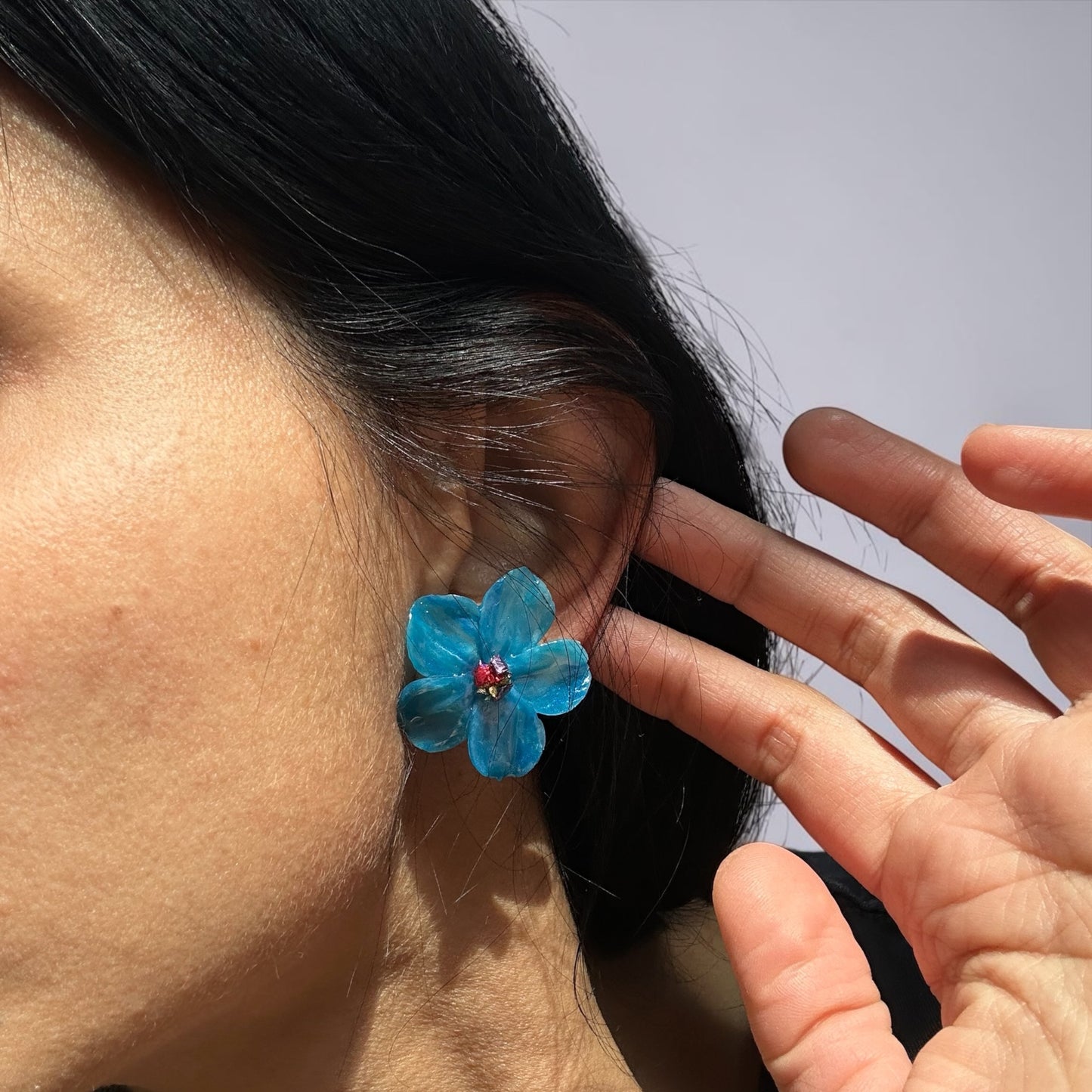 Petals of the Sea Earrings – Blue Floral Handmade Studs, Lightweight Polymer Clay Earrings, Coastal Jewelry, Unique Gift