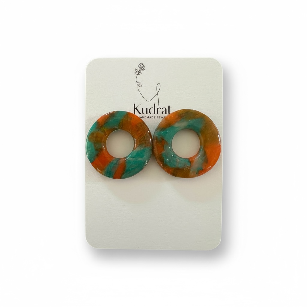 Tropical Polymer Clay Hoop Earrings: Teal, Orange, and Brown Swirl