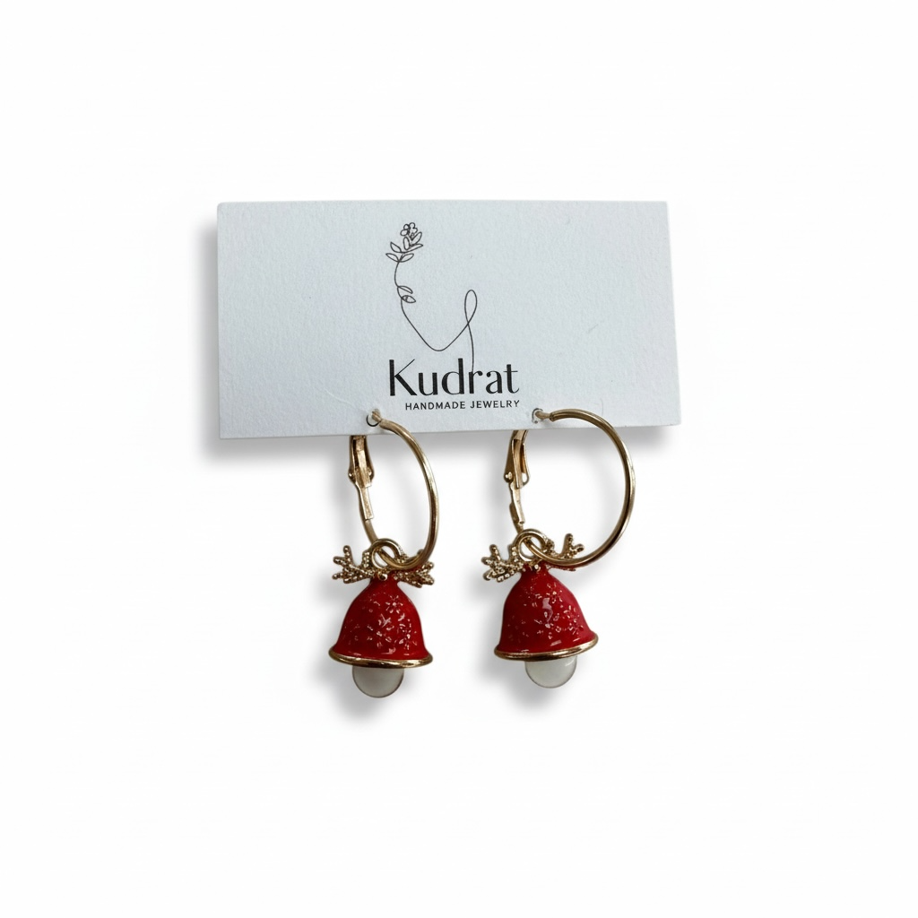 Red Christmas Bell Hoop Earrings – Festive Holiday Dangle Earrings, Gold Hoop Christmas Jewelry, Cute Christmas Gift for Her