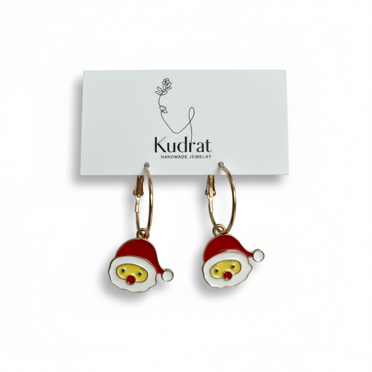 Festive Santa Face Earrings – Gold Hoop Christmas Dangles, Gift for Her