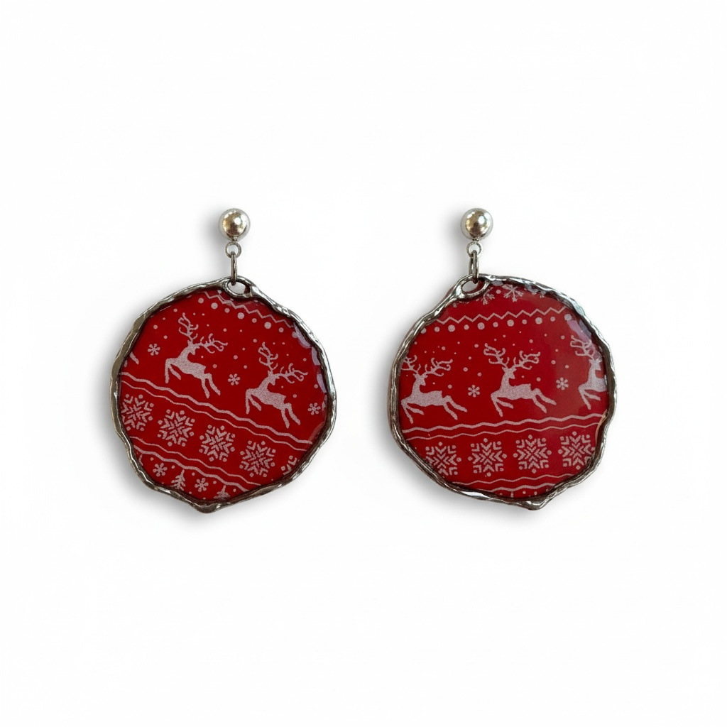 Christmas Reindeer Pattern Earrings – Large Red Dangles, Festive Winter Accessory