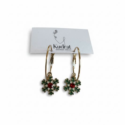 Holiday Snowflake Hoop Earrings – Green & Red Festive Earrings, Gift for Her