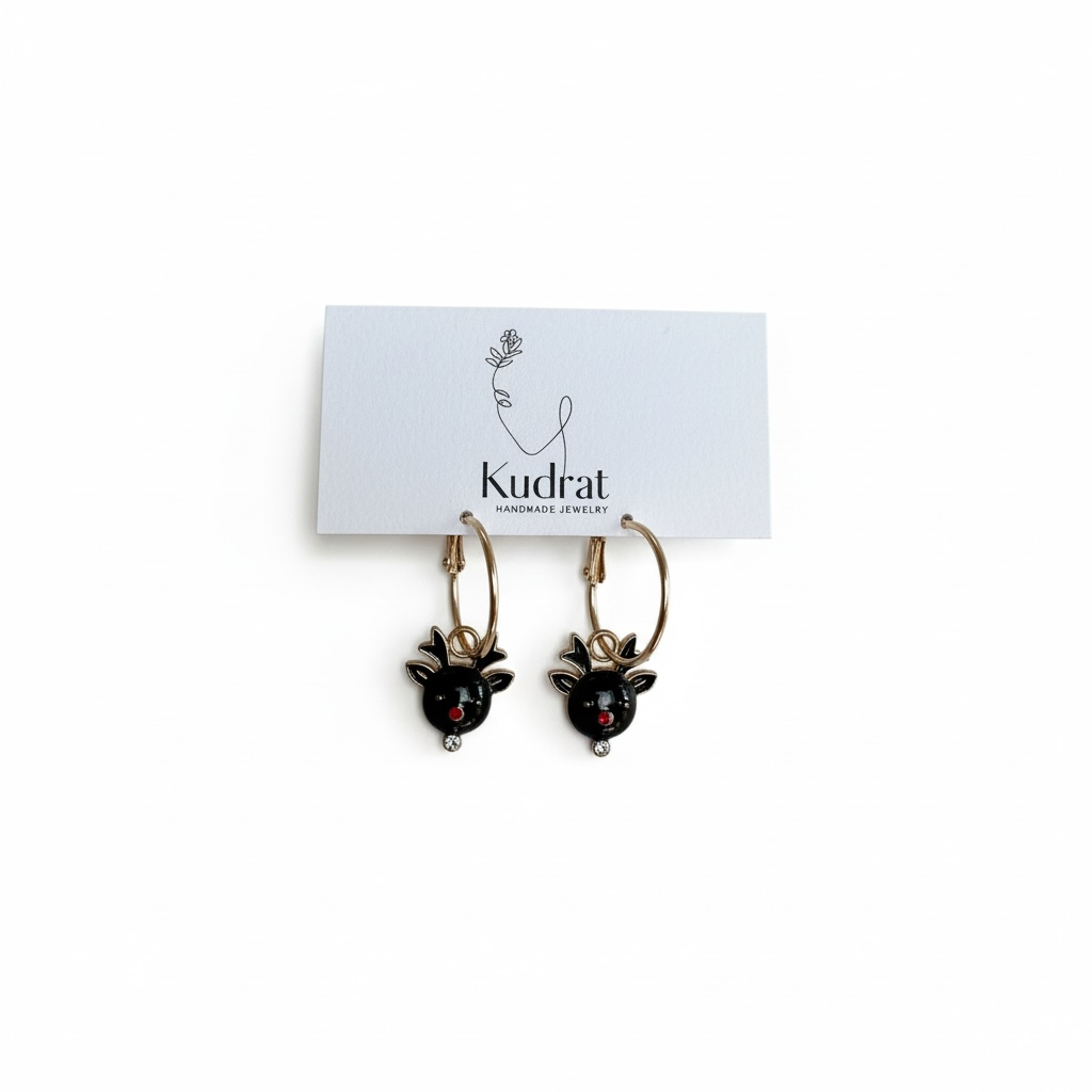 Black Reindeer Hoop Earrings – Holiday Charm Earrings, Christmas Jewelry, Cute Festive Gift