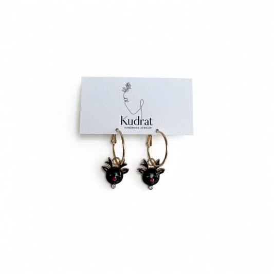Black Reindeer Hoop Earrings – Holiday Charm Earrings, Christmas Jewelry, Cute Festive Gift