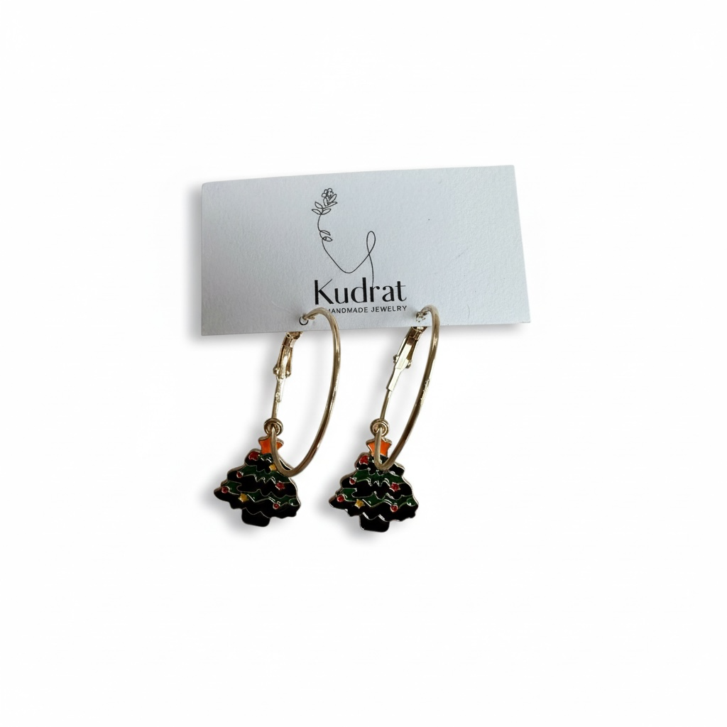 Holiday Tree Charm Earrings – Gold Hoop Christmas Earrings, Winter Accessory