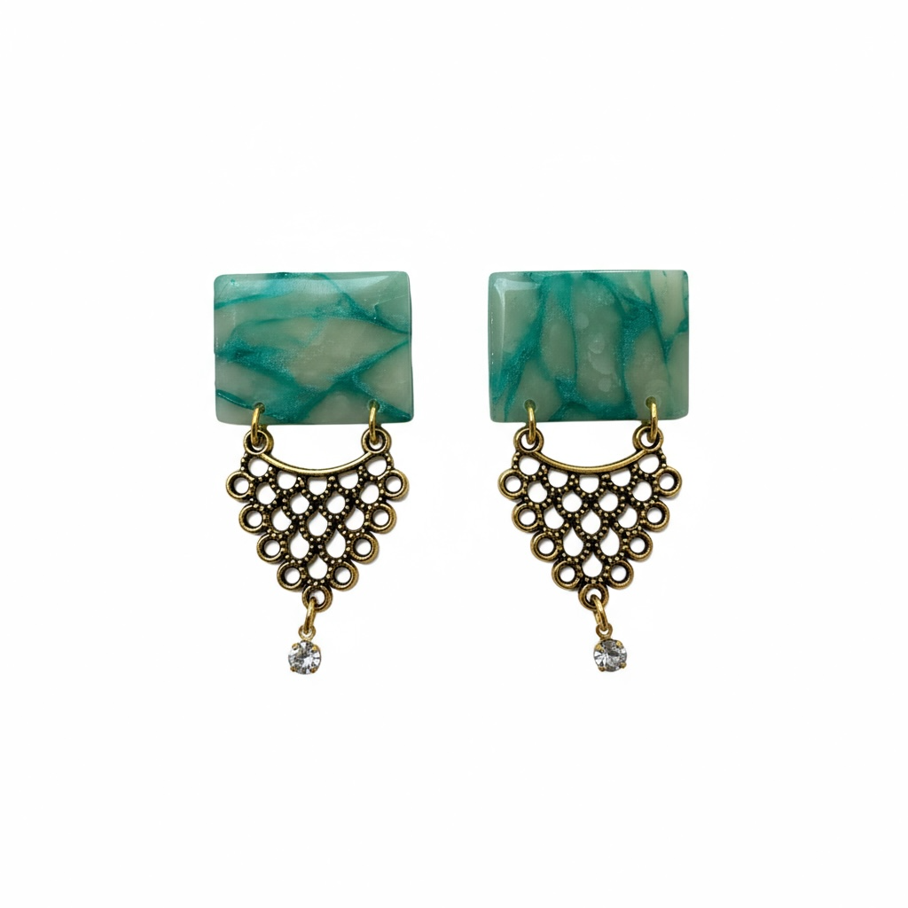 Green Marble & Antique Gold Geometric Earrings