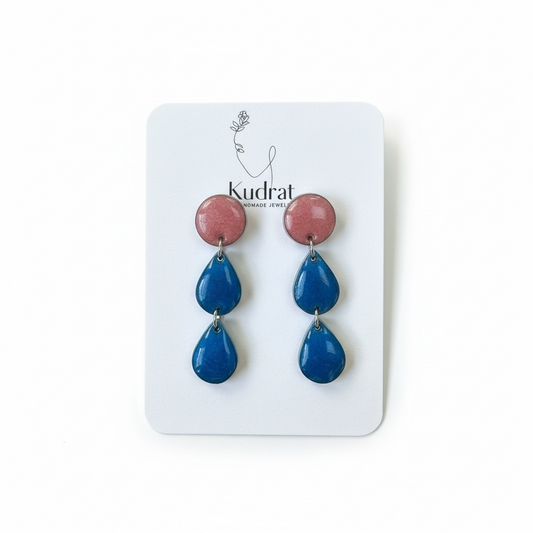 Blush Pink and Deep Blue Drop Earrings | Lightweight Handmade Clay Jewelry