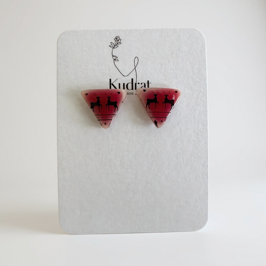 Winter Reindeer Triangle Stud Earrings – Festive Pink Ombre Holiday Jewelry