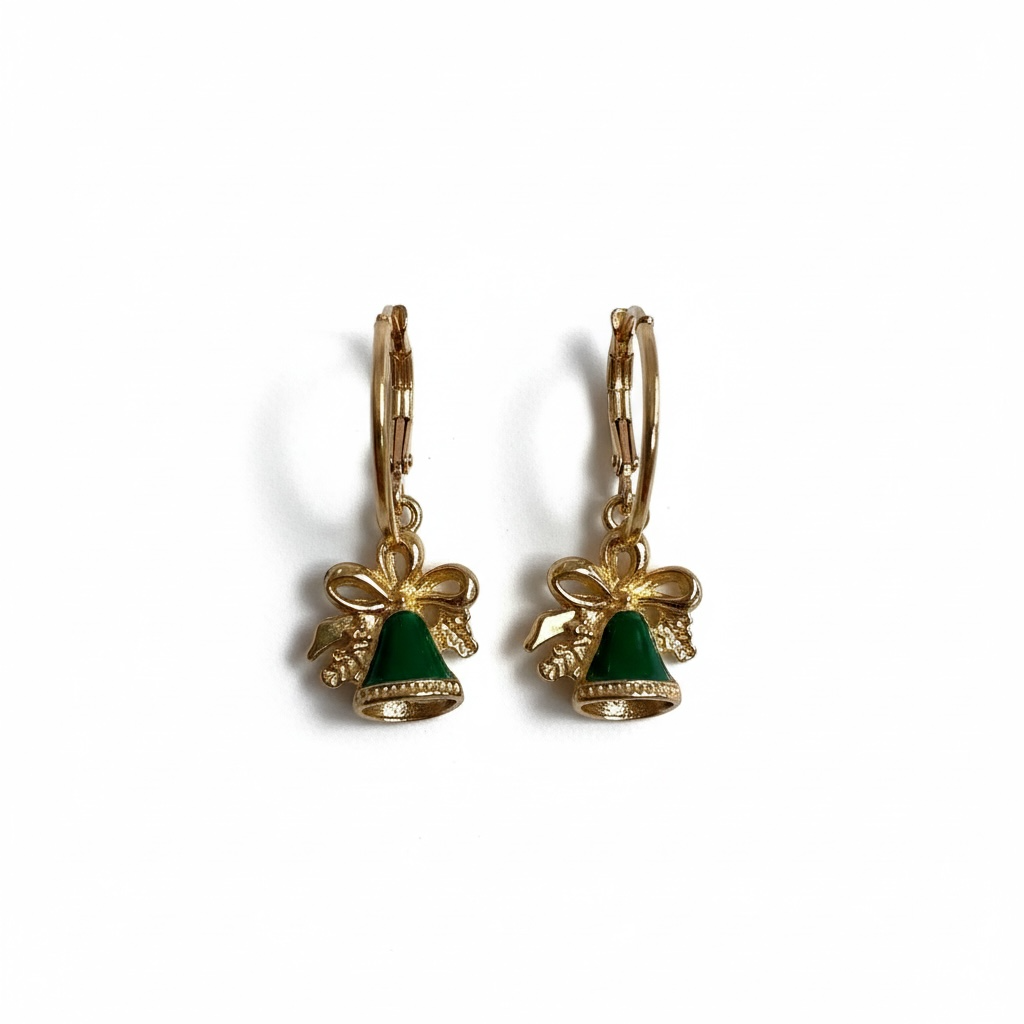 Green Bell Earrings – Gold Holiday Dangles, Christmas Jewelry