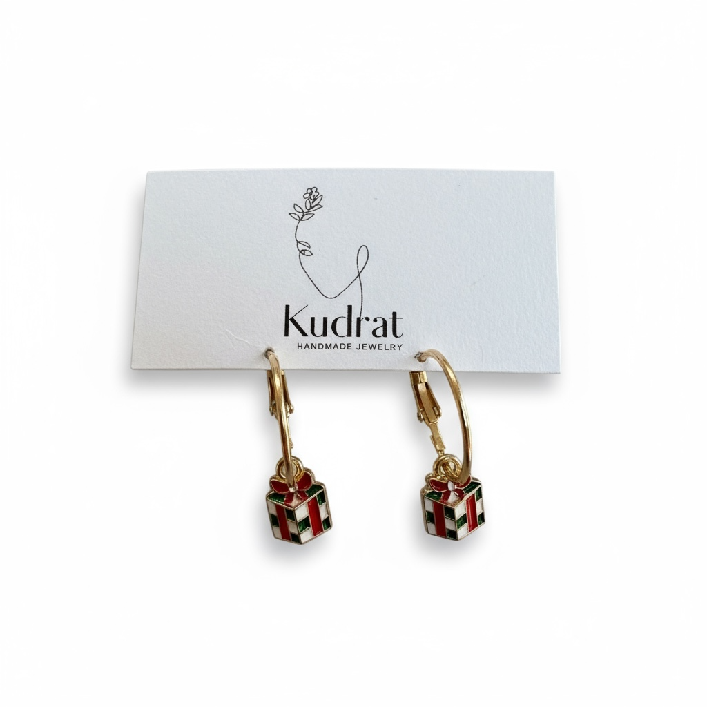 Christmas Gift Box Hoop Earrings – Holiday Jewelry, Festive Cute Earrings