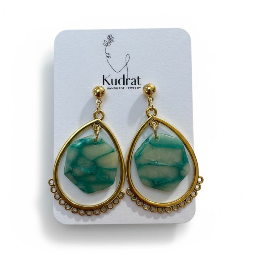 Green Stone & Gold Teardrop Statement Earrings
