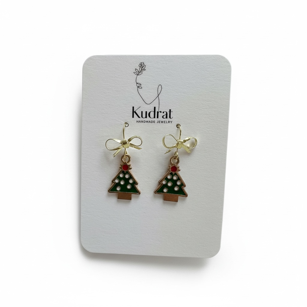 Holiday Tree Earrings – Gold Bow Dangles, Green Christmas Accessory