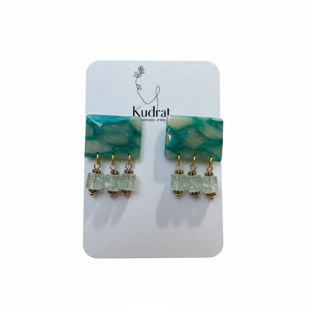 Green Marble Block Earrings with Crystal Cube Drops