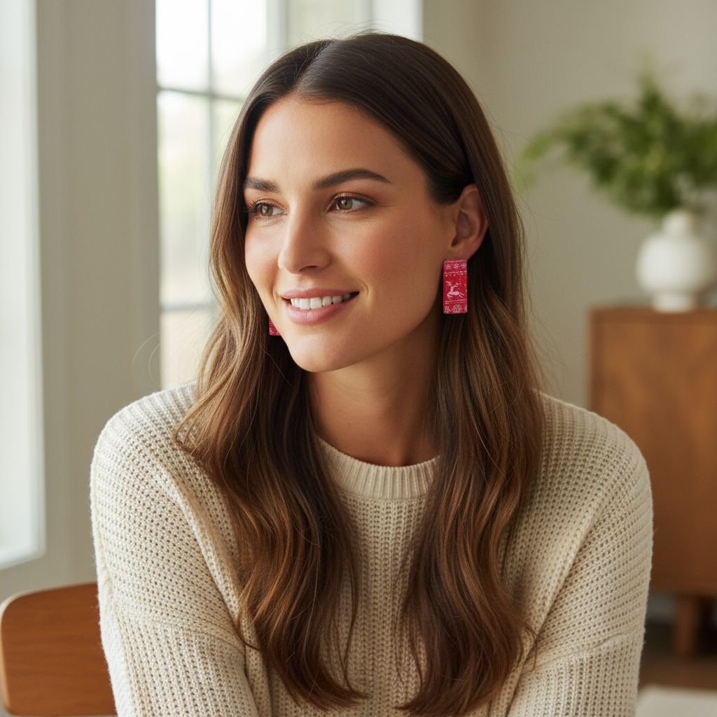 Reindeer Holiday Stud Earrings – Festive Red Rectangle Earrings