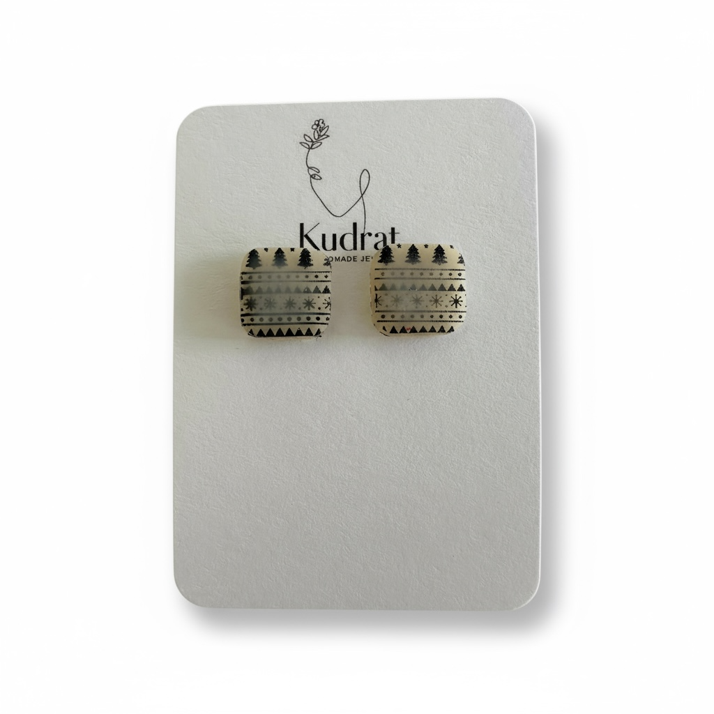 Winter Snowflake Square Stud Earrings – Cream Holiday Studs, Christmas Tree Earrings, Handmade Winter Jewelry, Festive Gift for Her