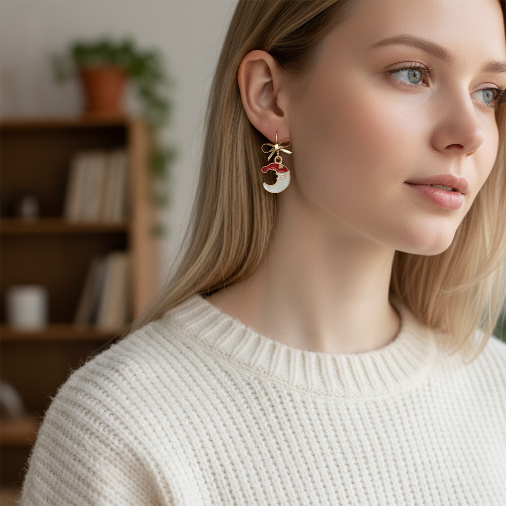 Santa Hat Moon Earrings – Whimsical Christmas Dangles, Gift for Her