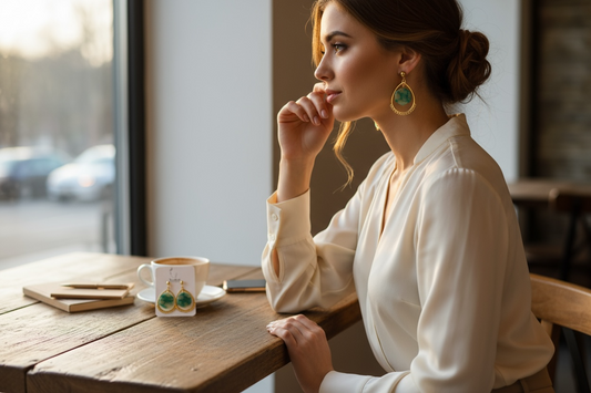 Green Stone & Gold Teardrop Statement Earrings