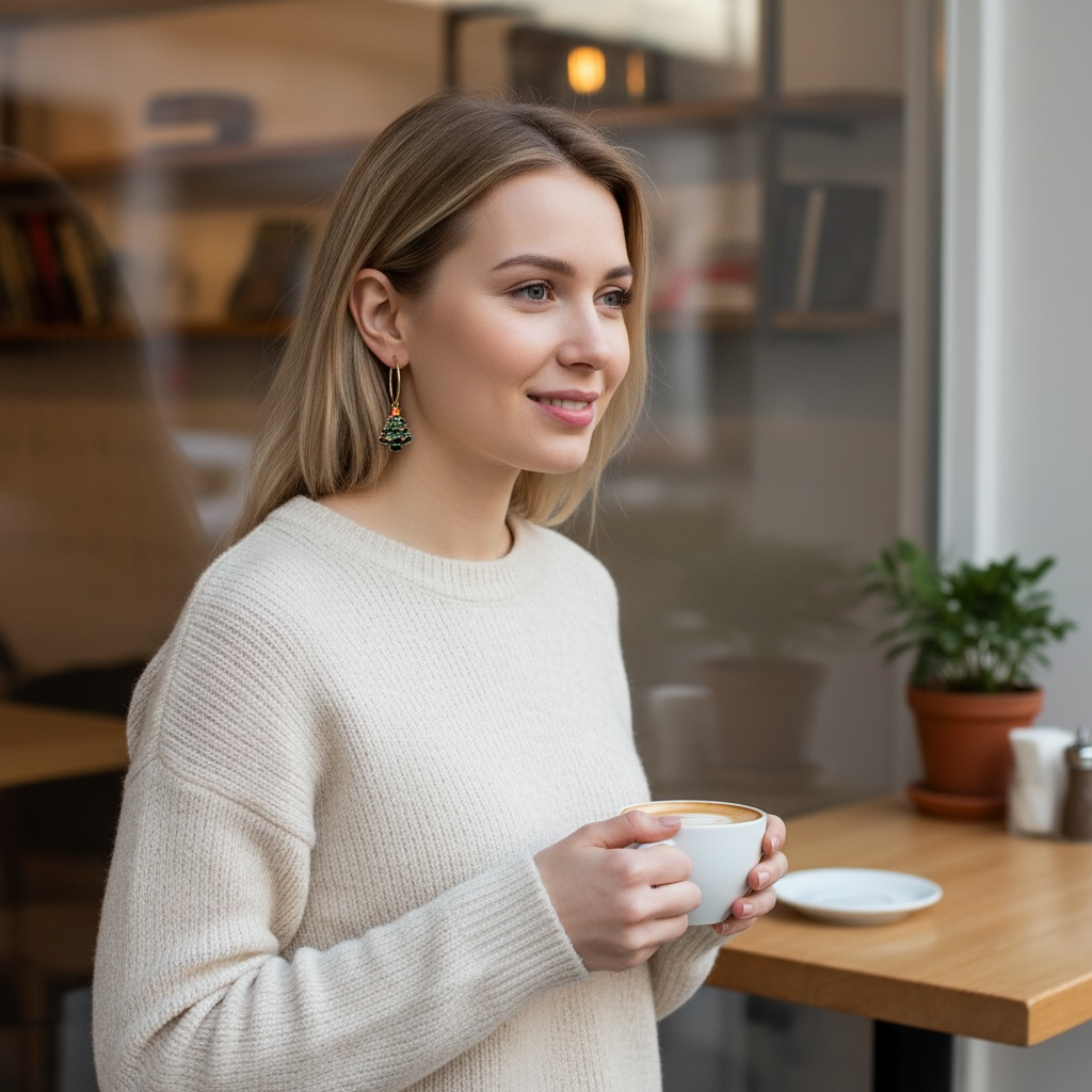 Holiday Tree Charm Earrings – Gold Hoop Christmas Earrings, Winter Accessory