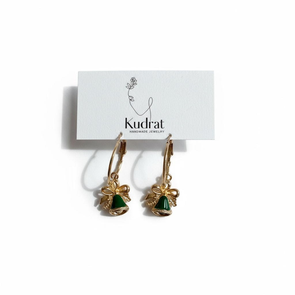Green Bell Earrings – Gold Holiday Dangles, Christmas Jewelry
