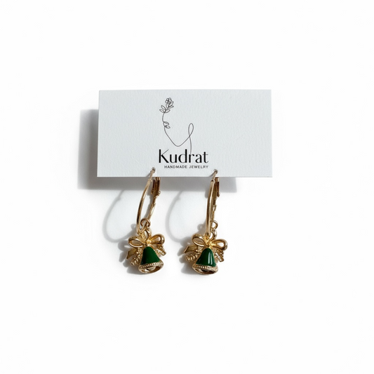 Green Bell Earrings – Gold Holiday Dangles, Christmas Jewelry