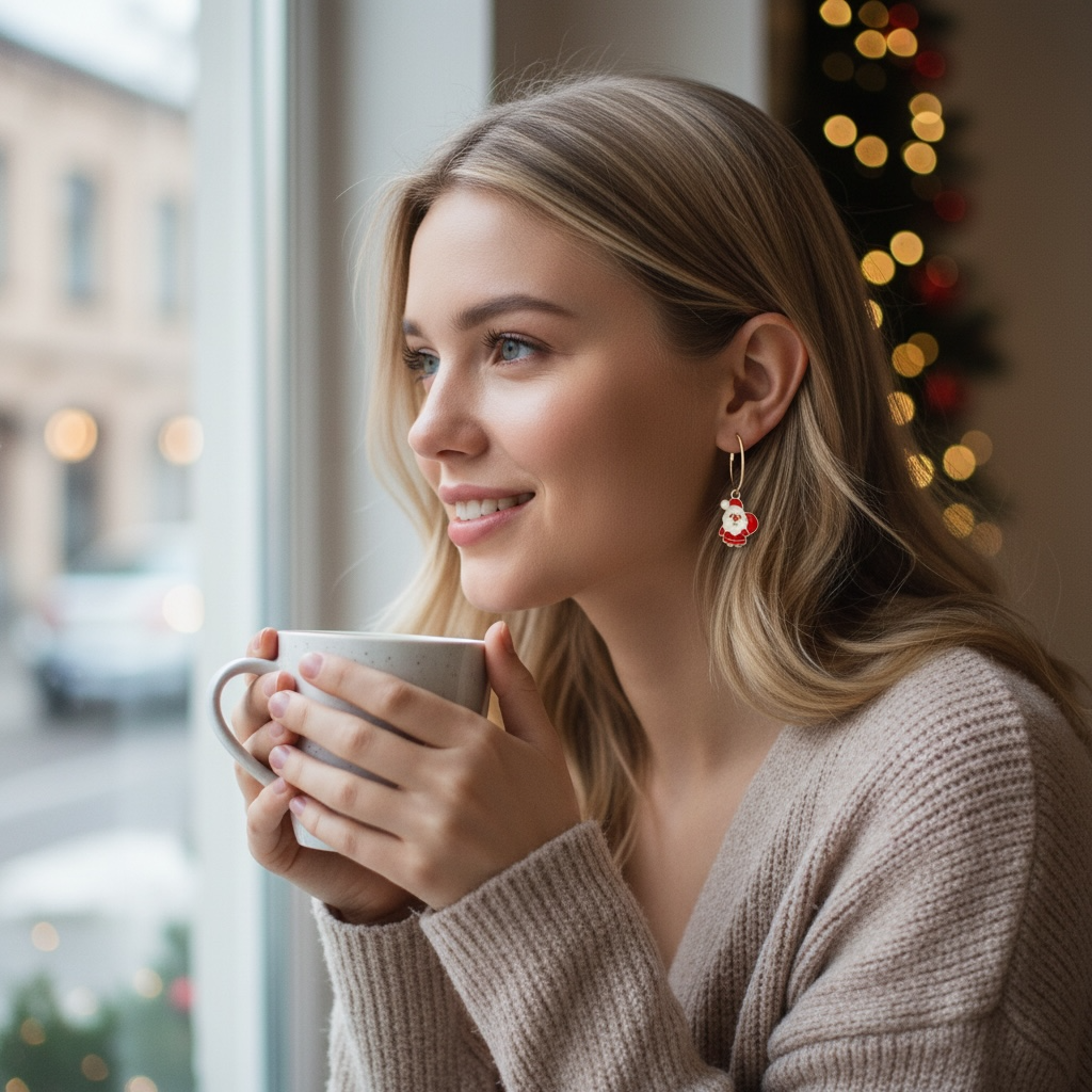 Santa Claus Hoop Earrings – Cute Holiday Earrings, Christmas Jewelry, Festive Gift