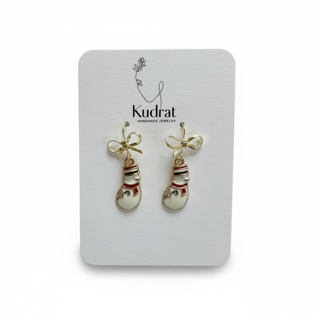 Christmas Snowman Earrings – Gold Bow Drop Earrings, Winter Accessory