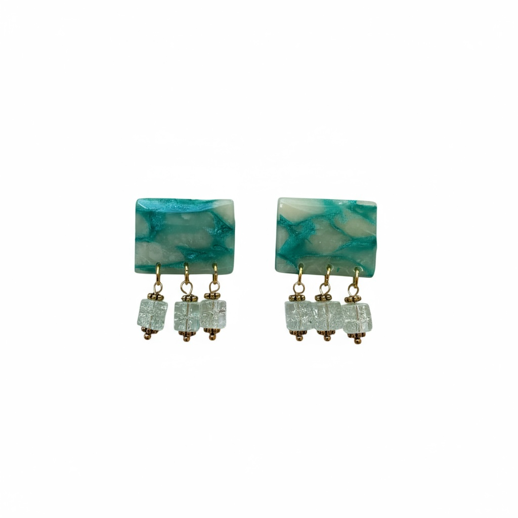 Green Marble Block Earrings with Crystal Cube Drops