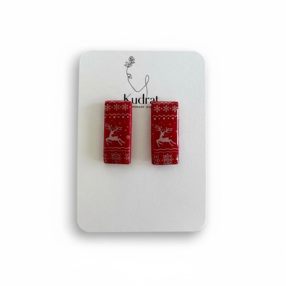 Reindeer Holiday Stud Earrings – Festive Red Rectangle Earrings
